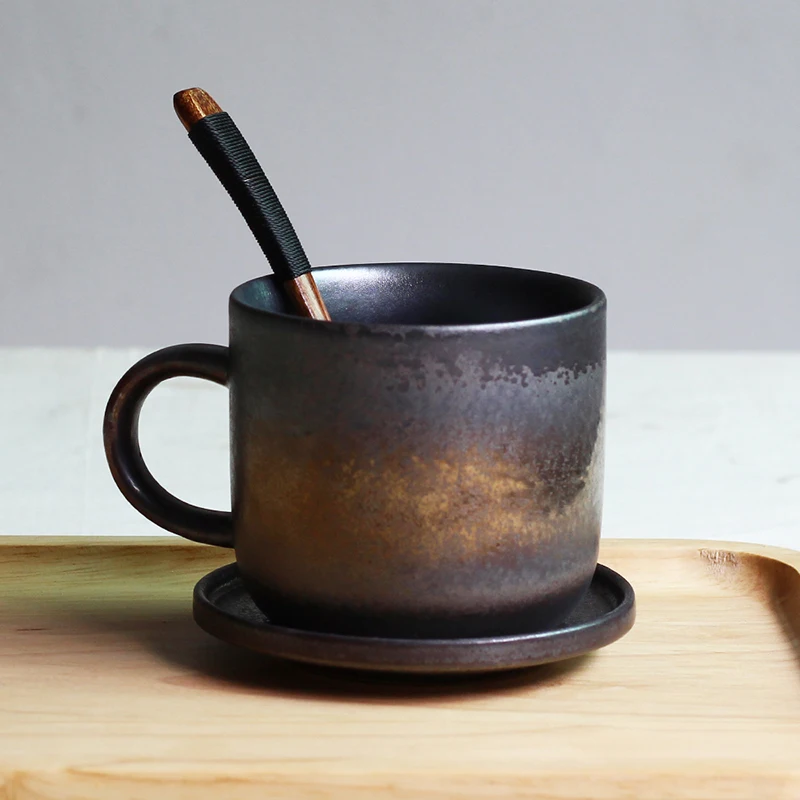 

280ml Handmade Vintage Coarse Pottery Coffee Cup with Saucer Wooden Spoon Japanese Style Ceramic Mug Office Afternoon Tea Cup