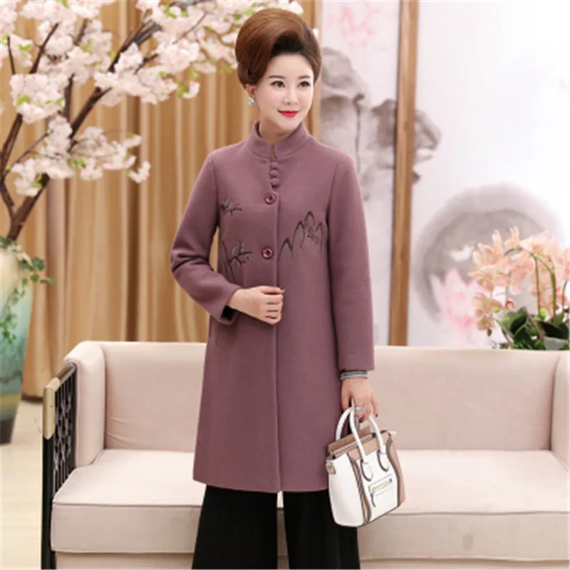 Женское шерстяное пальто средней длины с воротником-стойкой и вышивкой большие