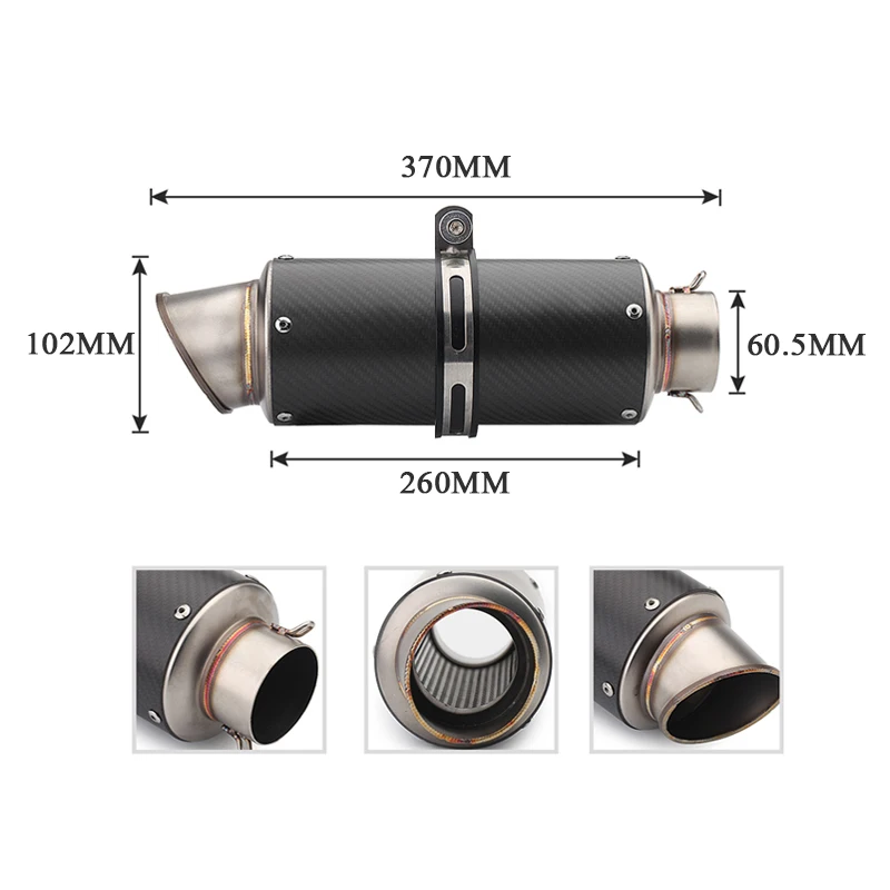 270mm/310mm/370mm/470mm Motorcycle Silencer System Tail Silp on for 60.5mm Motorbike Carbon Fiber Exhaust Muffler Pipe
