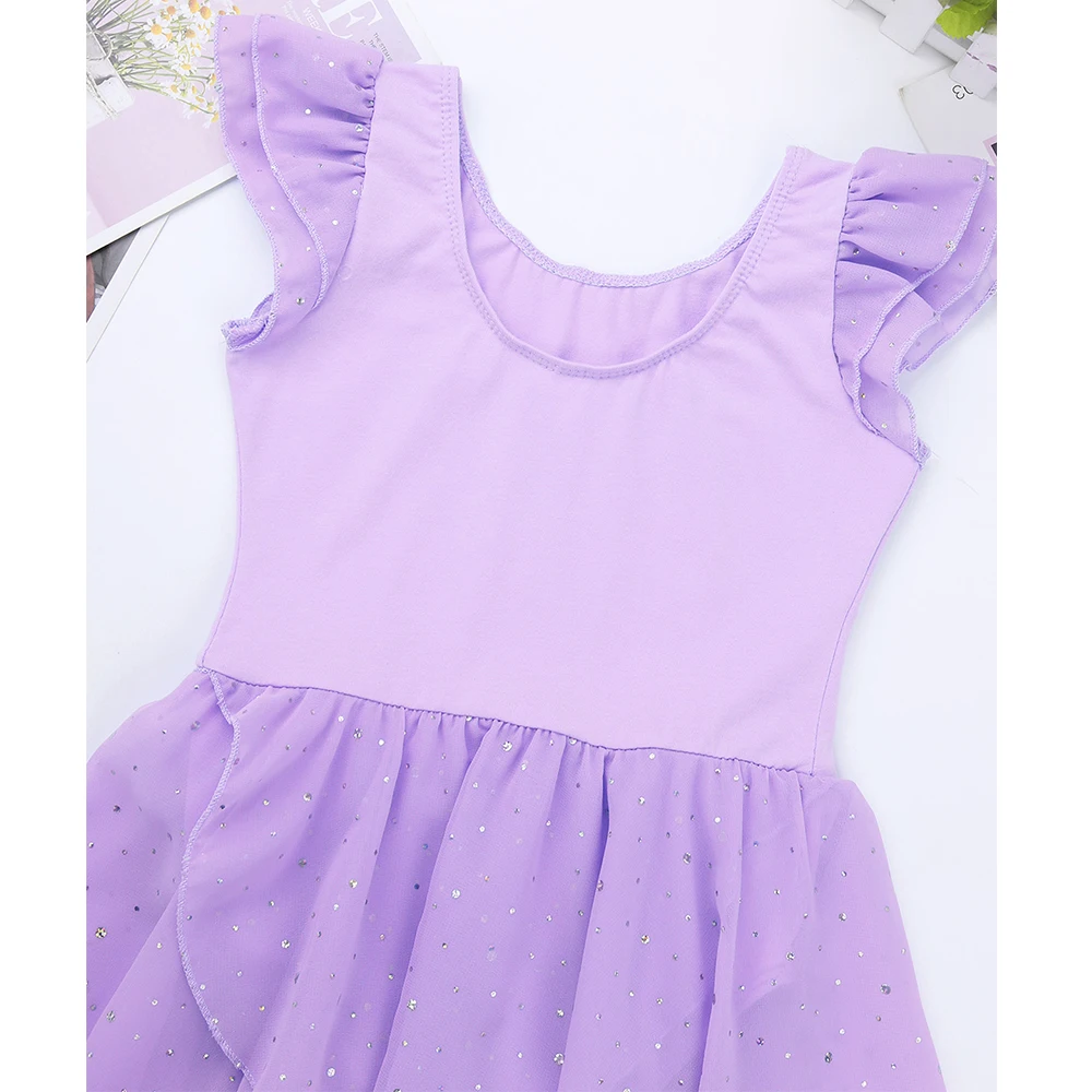 Girls Ballet Dress Gymnastics Leotard Ruffle Sleeve Chiffon Glitter Tutu Skirted leotards for girls ballerina dress kids | Тематическая