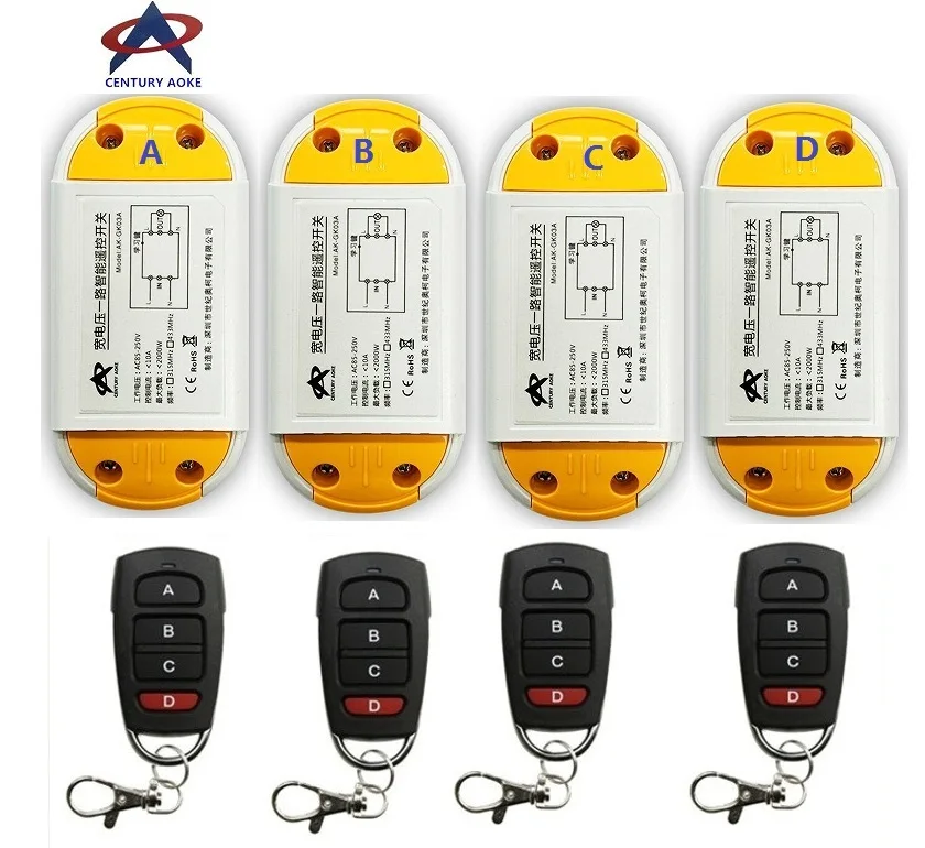 AC220V 110 в 85-240 В 1CH 10A RF беспроводной переключатель системы дистанционного управления 4 A5 передатчик и 4 приемника умный дом переключатель
