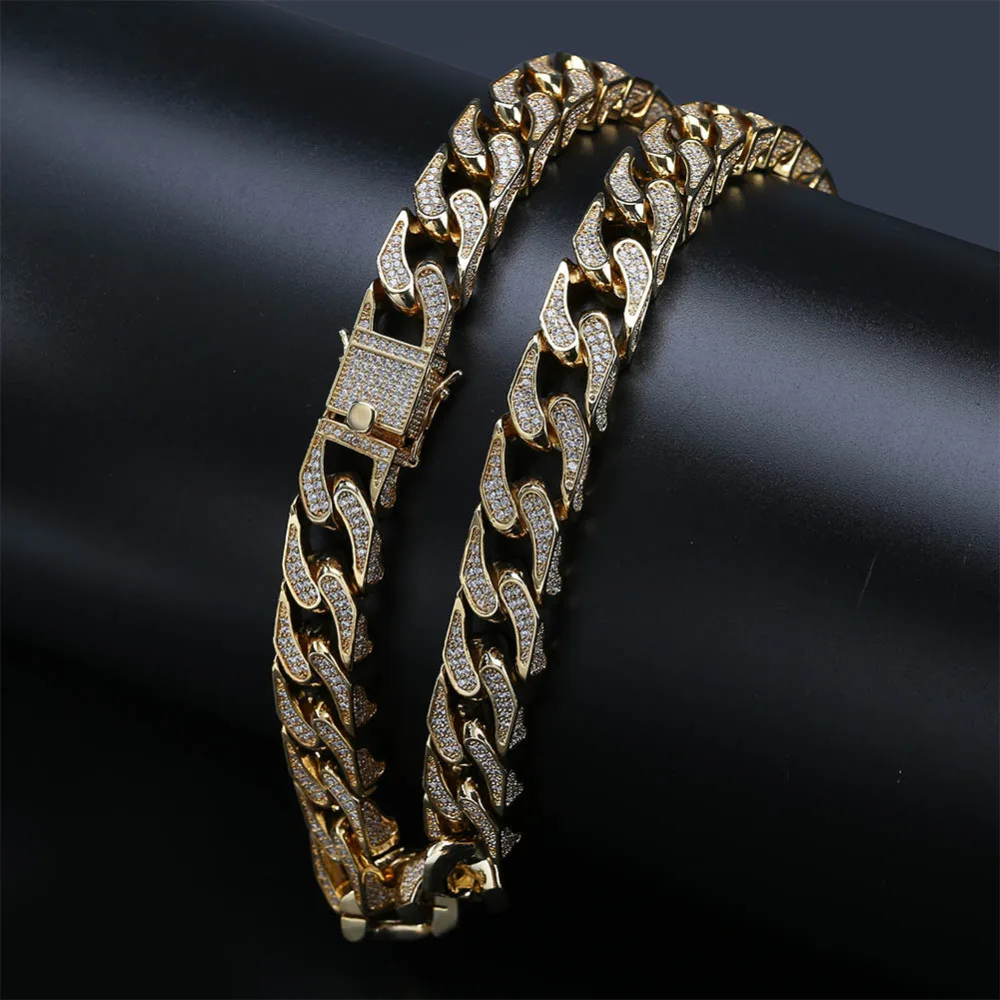 JINAO Hip Hop Jewelry 16mm Miami Cuban Chain Micro Pave Cubic Zirconia Necklace Full Iced Out Chain Gold Silver Bling Male Gifts