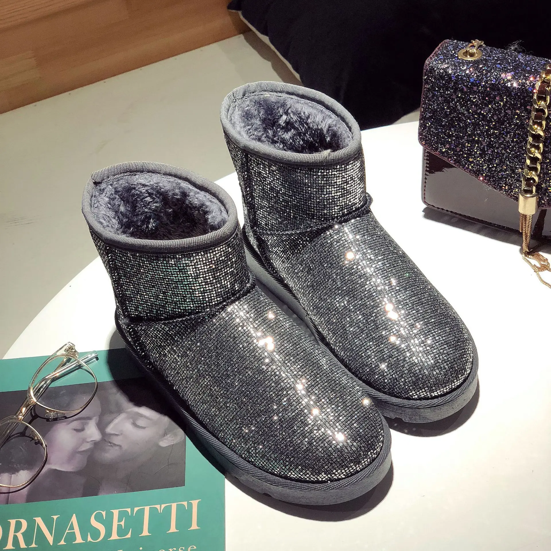 Блестящие Стразы Bling Женские снегоступы украшены натуральным мехом