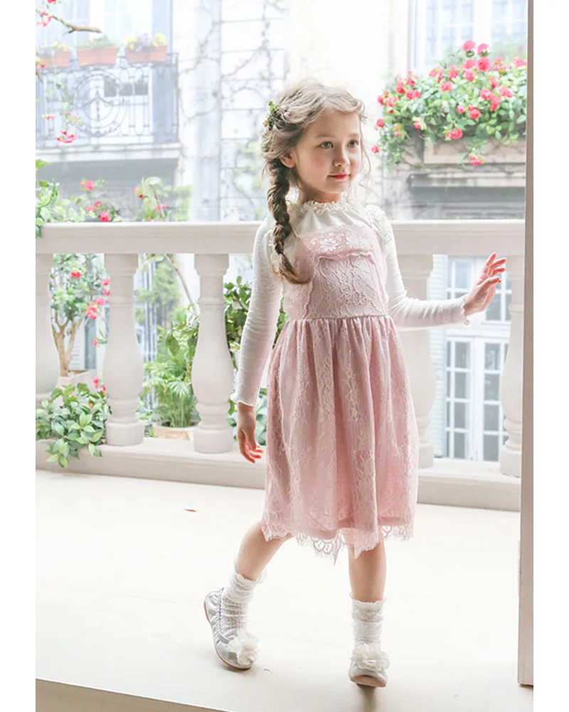 Весна Осень платье на петельках для девочек Новое кружевное с длинным рукавом
