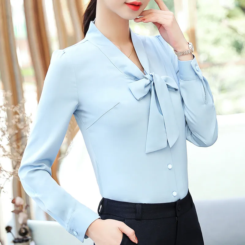 Женская шифоновая блузка с галстуком бабочкой элегантная Деловая длинным