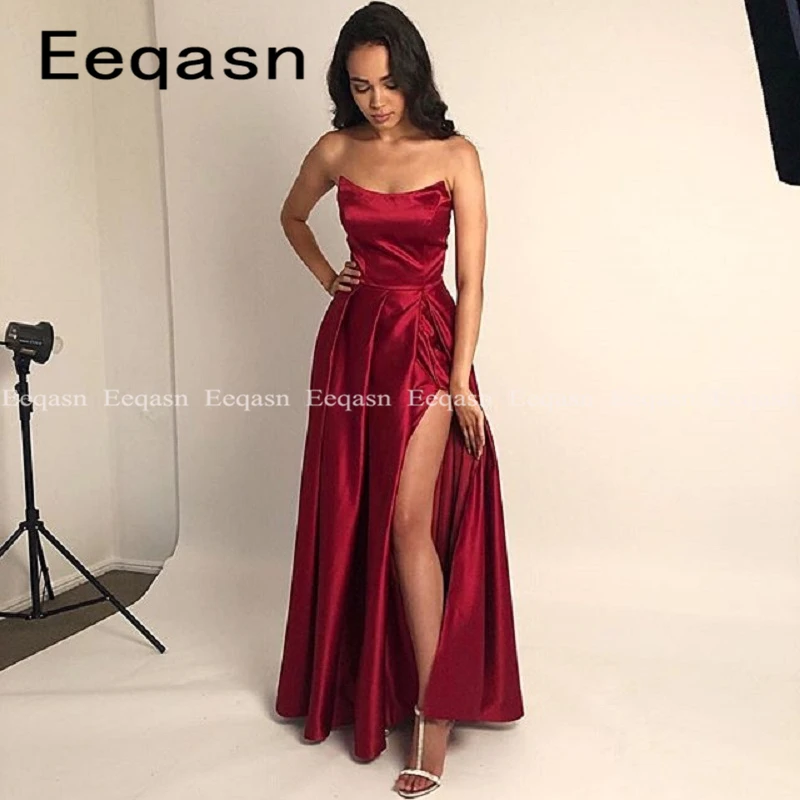 Robe de soiree дешевые бордовые Вечерние платья Длинные 2020 без бретелек A Line стрейч из