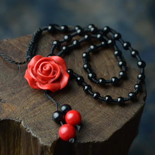 Элегантные китайские красные Резные Лаки ожерелье с красивым цветком розы