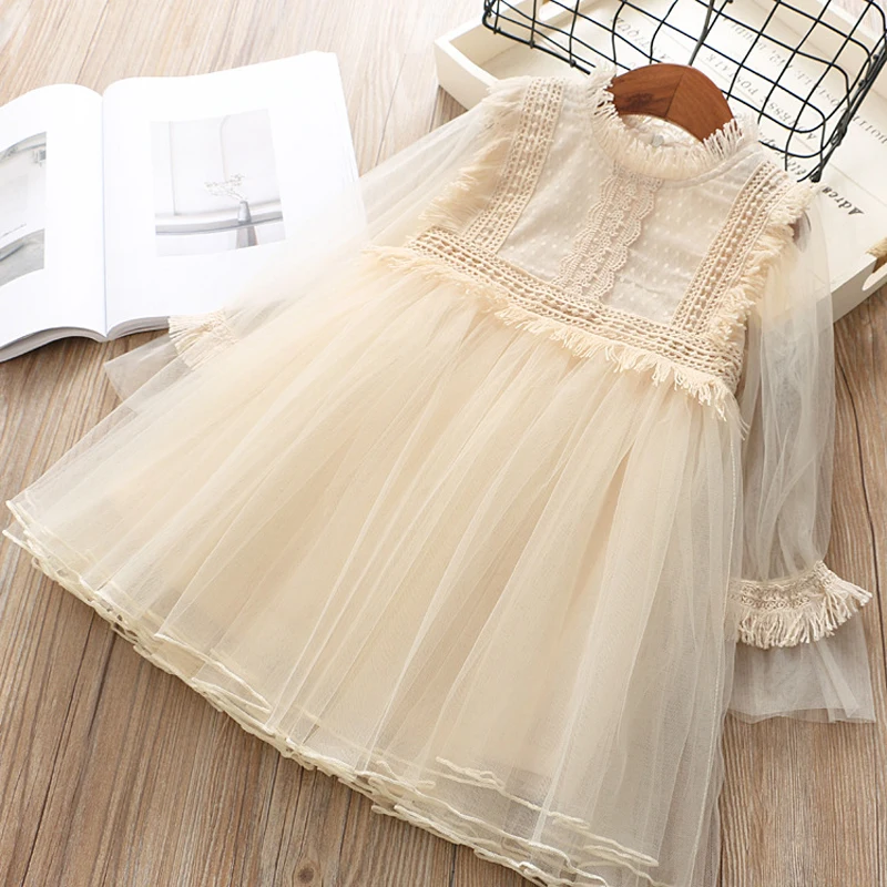 Girls Dresses 2019 Spring New Children's Wear Fresh Sweet Mesh Lace Tassel Long Sleeve Princess Fluffy Dress | Детская одежда и