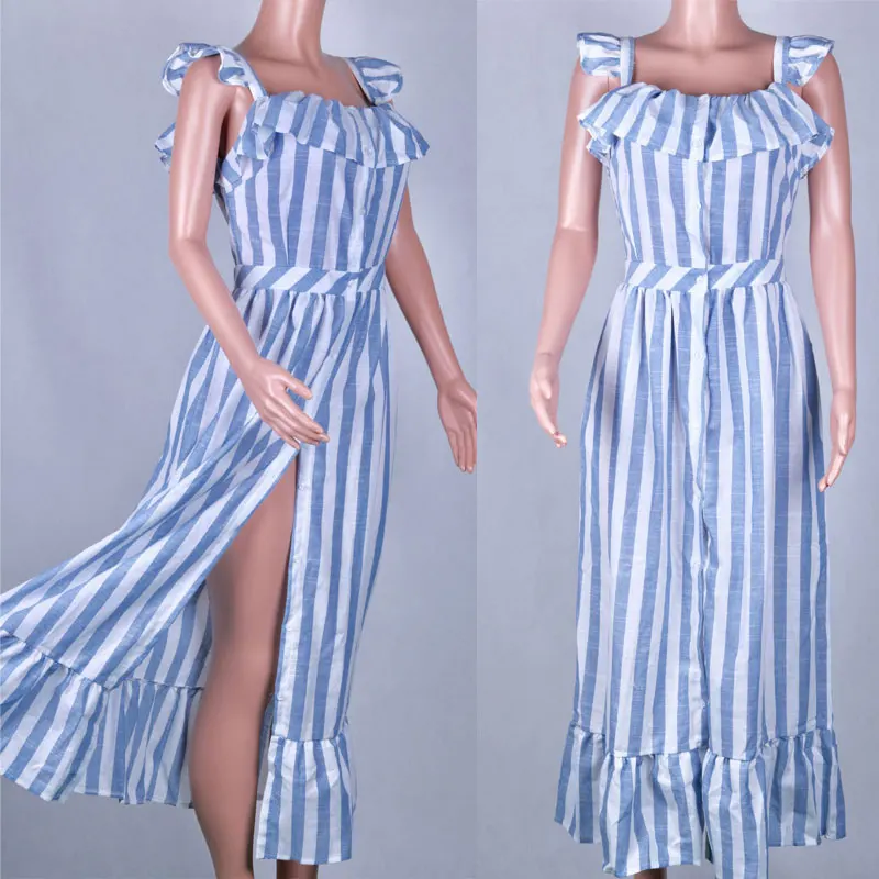 Женское длинное платье в полоску Boho пляжный сарафан с оборками на бретельках