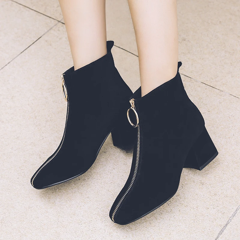 Women ankle Boots Cow suede 22-25.5 cm length autumn and winter Square toe front zipper ladies boots female+shoes women booties - Цвет: black