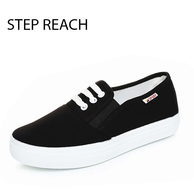 

STEPREACH Brand shoes woman flats women casual canvas comfortble zapatos mujer solid Black chaussures platform slip-on rubber