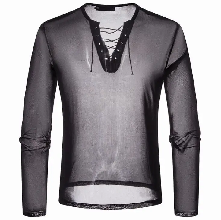 Футболка мужская сетчатая с длинным рукавом приталенная пикантная рубашка