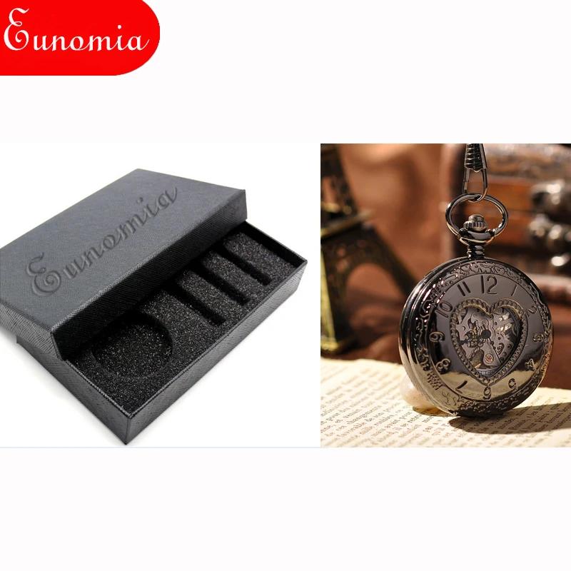 Black Love Heart Vintage Skeleton Mechanical Pocket Watch With Key Chain Fashion Cool Steampunk Antique Sales Gift | Наручные часы