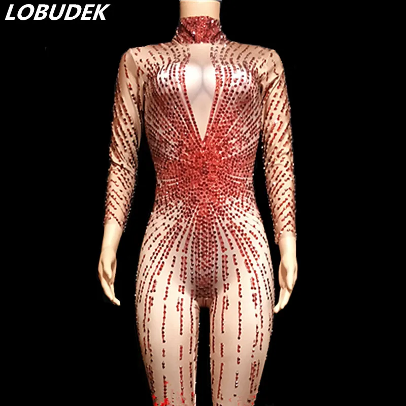 

Fashion High-end Women Costume Red Full Rhinestones Elastic Jumpsuit Birthday Party Outfit Nightclub Singer Host Stage Bodysuit