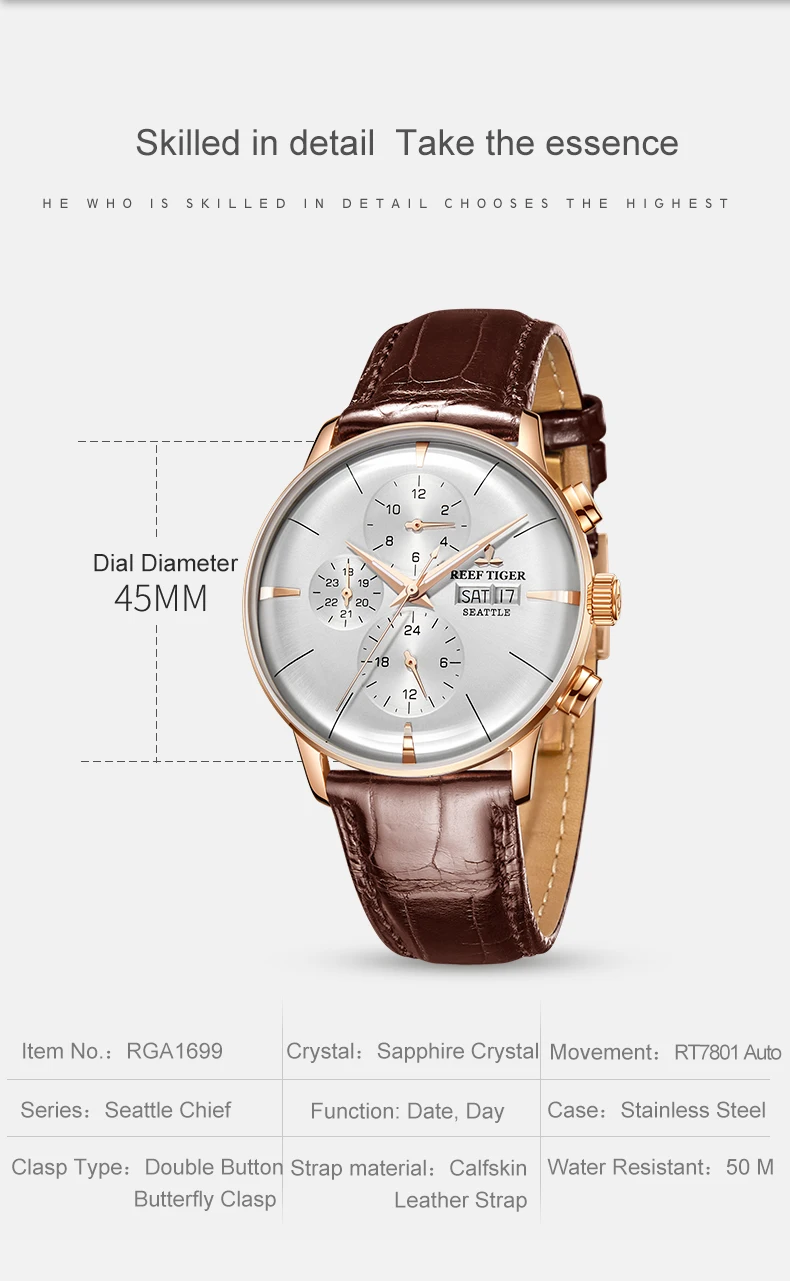 Reef Tiger/RT Топ брендовые Роскошные автоматические часы Reloj Hombre многофункциональные модные кожаные мужские часы из розового золота RGA1699