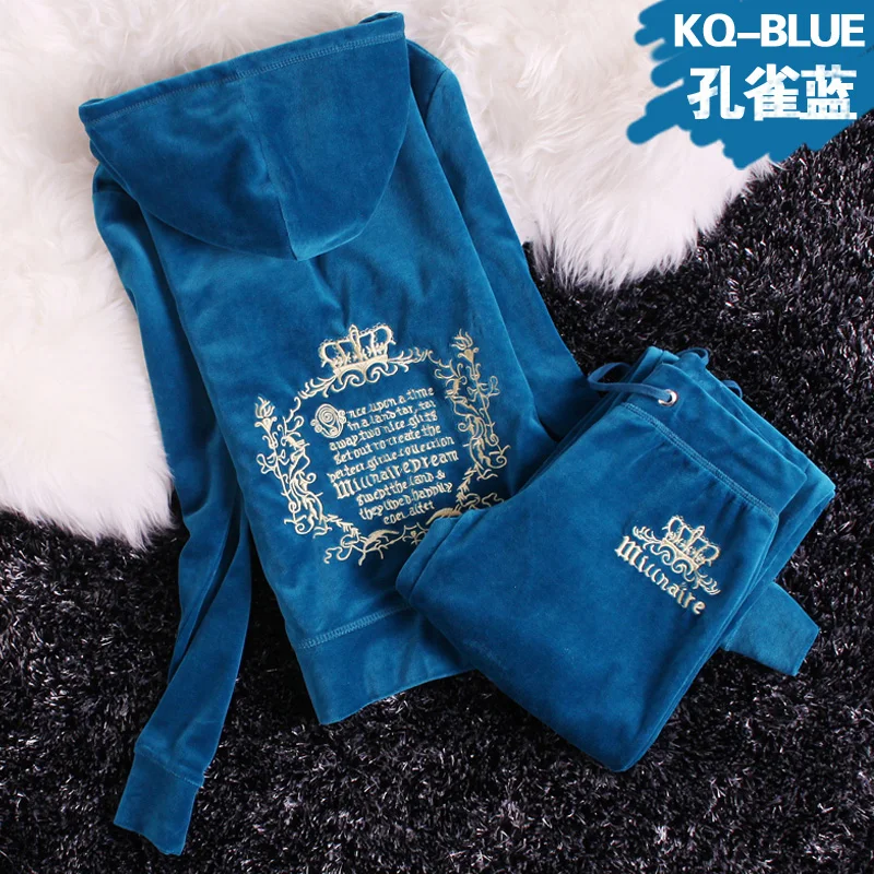 Peacock blue Спортивный костюм для женщин; сезон весна-осень; Новинка года; Повседневная модная одежда в европейском и американском стиле; цвет золотой, коралловый; бархатная Осенняя спортивная одежда - Цвет: Peacock blue