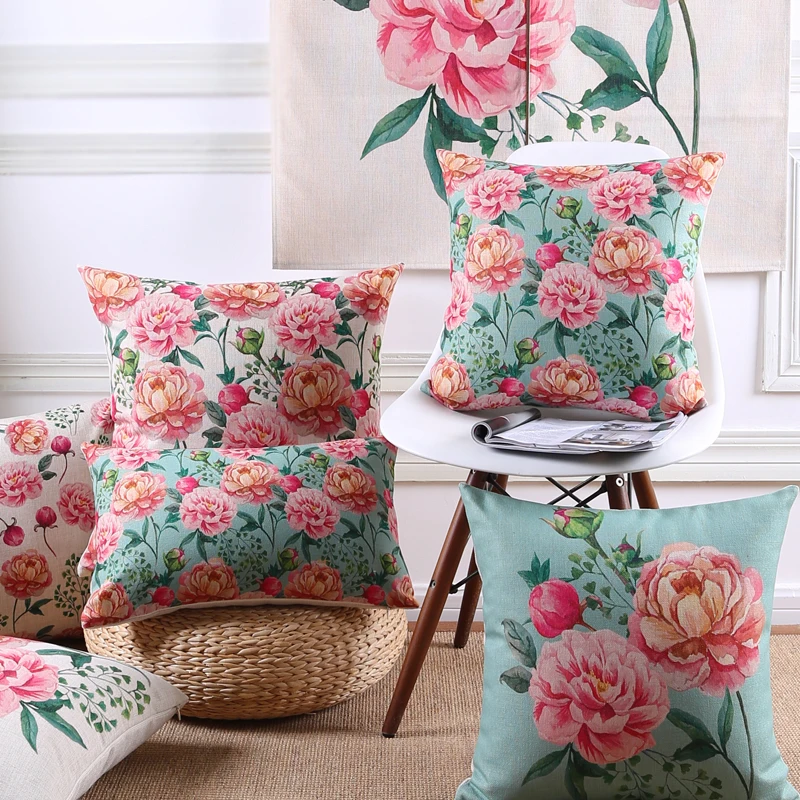 

DUNXDECO Cushion Cover Linen Cotton Blend Pillow Case Fresh Garden Flora Rose Print Sofa Decorative Pillow Housse de coussin