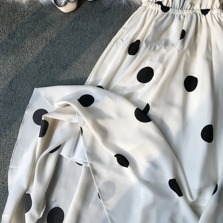 ALPHALMODA Лето корейский стиль до середины икры праздничное платье в горошек женское французское ретро с высокой талией без спинки пляжное платье