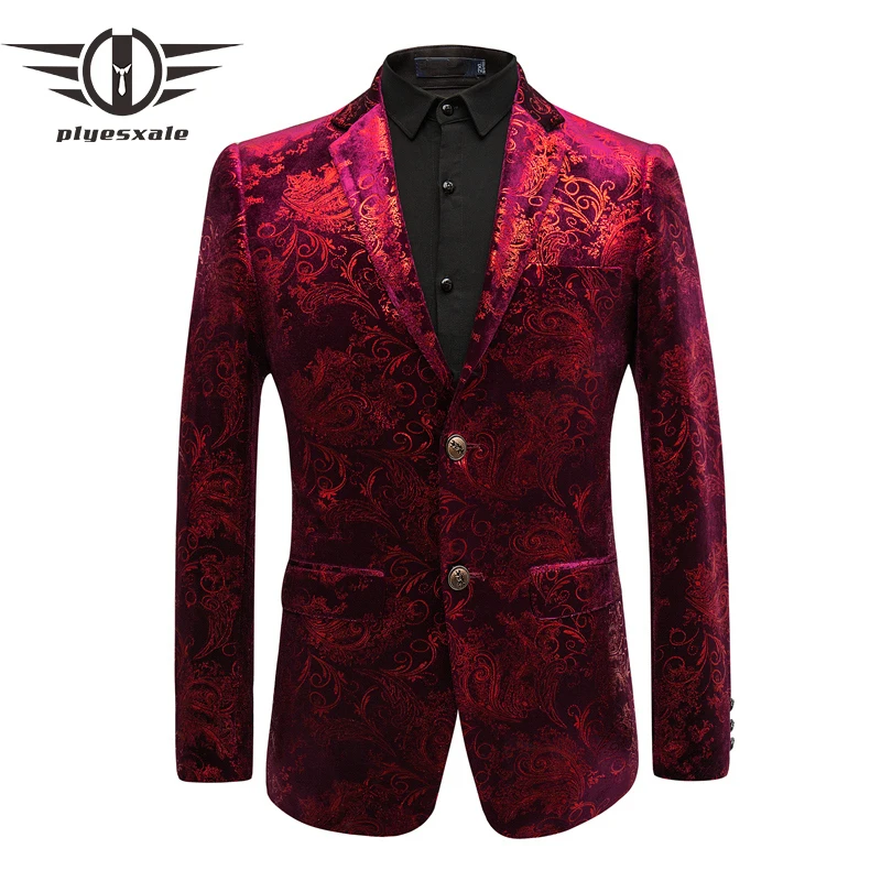 

Plyesxale 2018 New Arrival Velvet Burgundy Blazer Men Casual Male Suit Blazer Jacket Slim Fit Wedding Prom Stage Blazers Q449