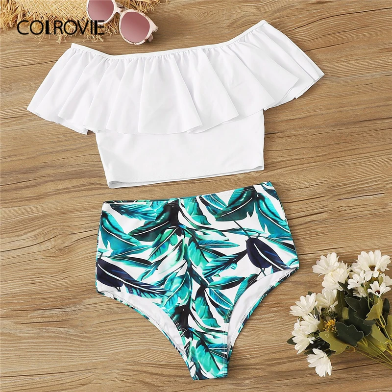 COLROVIE Off the Shoulder Flounce Bardot Top and Random Leaf Print Swimwear Women Bikini Set Swimsuit Boho Bathing Suit