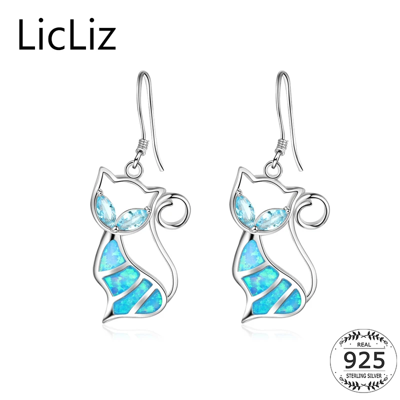 

LicLiz 925 Sterling Silver Opal Animal Cat Dangle Earrings Women Ear Hook Earring Blue CZ Zirconia Pendant Drop Earring LE0397