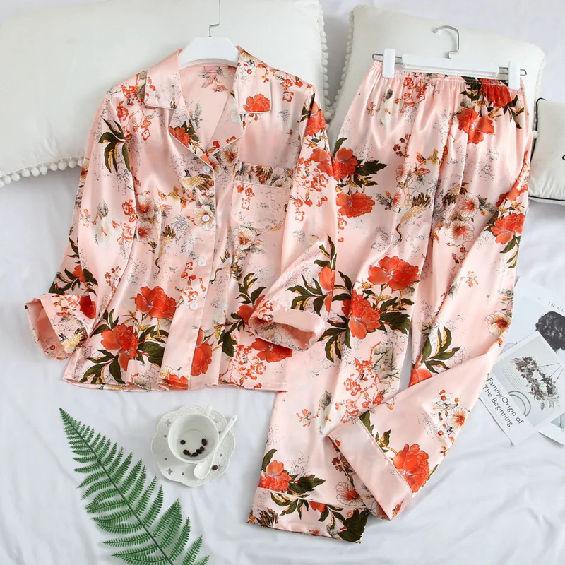 Sexy Women pajamas set Satin Sleepwear Pijamas Silk Feeling Long Sleeve Flower Print Pajamas Sets for Pijama Feminino | Женская одежда