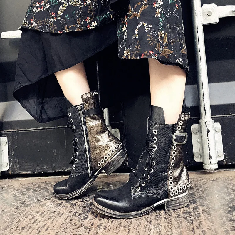 Prova Perfetto Лоскутные ботильоны для женщин Осень Зима Плоская подошва Botas Mujer женские заклепки Шипованные платформа Резиновая женская обувь