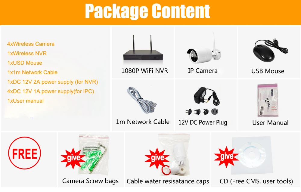Беспроводная система видеонаблюдения 1080P HD Plug Play 20m ночное видение P2P наружная