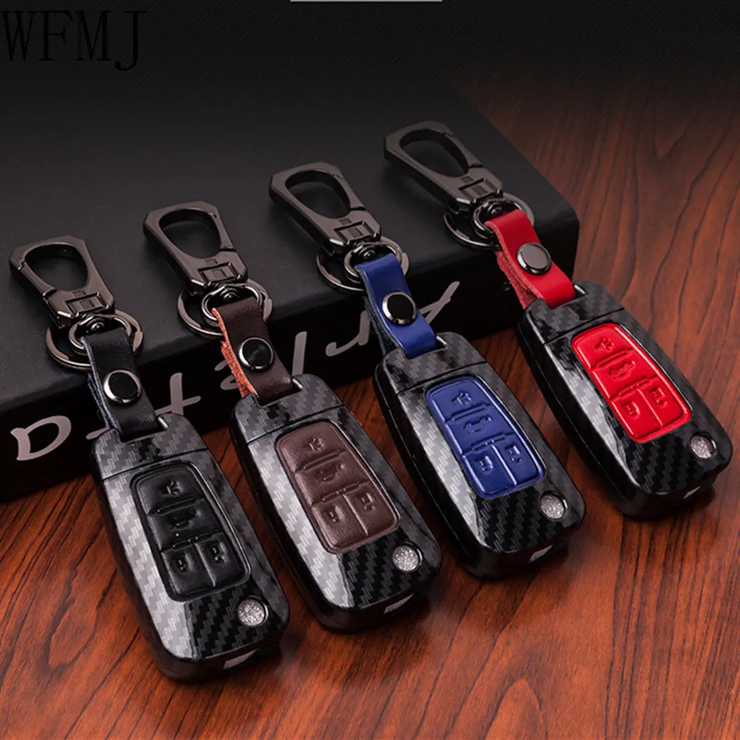 

WFMJ Carbon Fiber Paint Leather 4 Buttons Key Case Cover Chain for Chevrolet Buick Camaro Cruze Equinox Malibu Sonic GMC Terrain