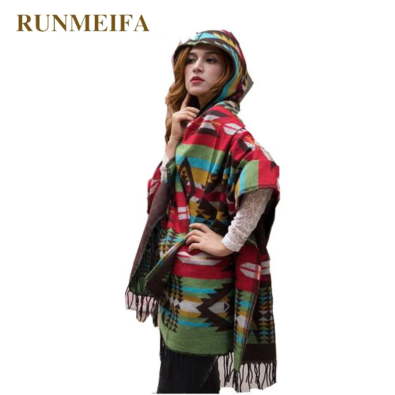 Cárdigan étnico con flecos para mujer, suéter con capucha, ropa de abrigo de mezcla de lana, manta con estampado de estilo étnico, capa Poncho para invierno