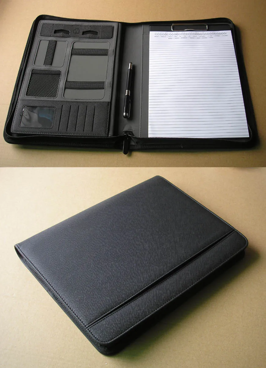 Бизнес кожаная папка для документов A4 сумка менеджера для документов padfolio с кольцо с молнией Биндер ipad мобильного телефона Подставка держатель 1235A - Цвет: black C