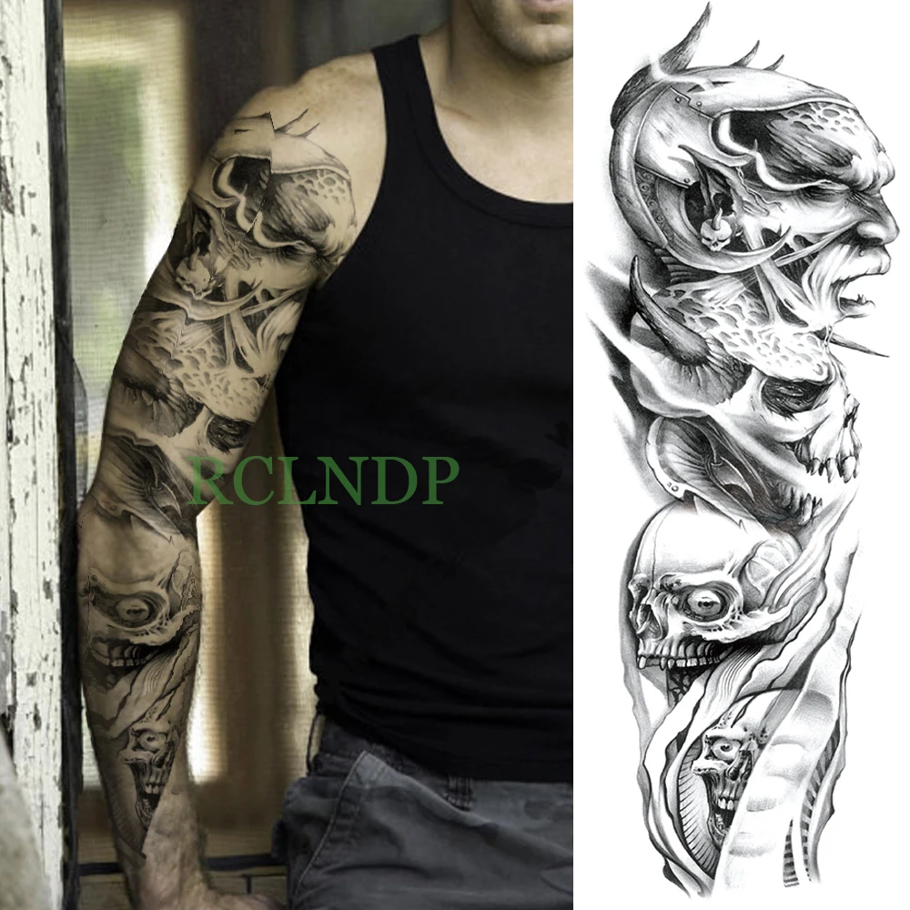 Водонепроницаемые временные тату наклейки голова черепа полная рука искусство