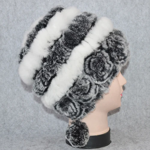 gray and white Лидер продаж, зимние женские шапки в полоску с цветами, натуральный настоящий мех кролика, женские теплые вязаные шапки из натурального меха, русские уличные меховые шапки - Цвет: gray and white