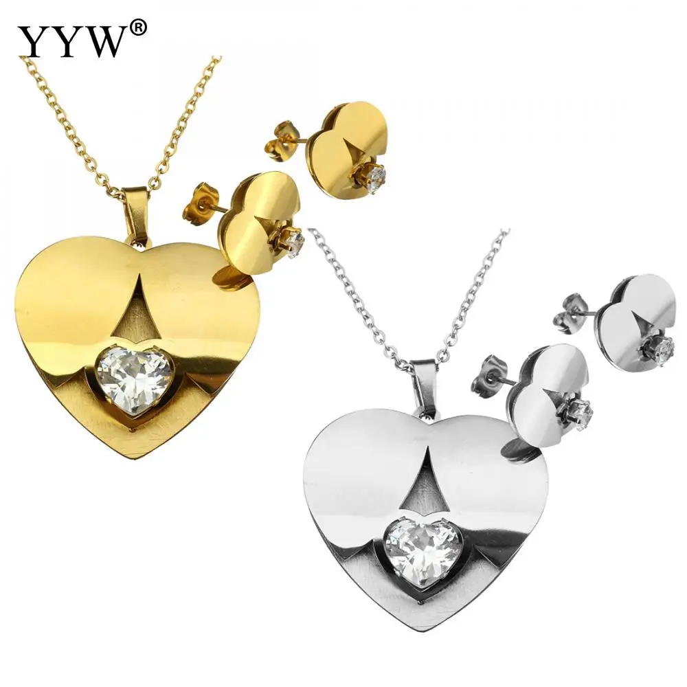 

Rhinestone Stainless Steel Jewelry Set Rhinestone Heart Earring & Necklace