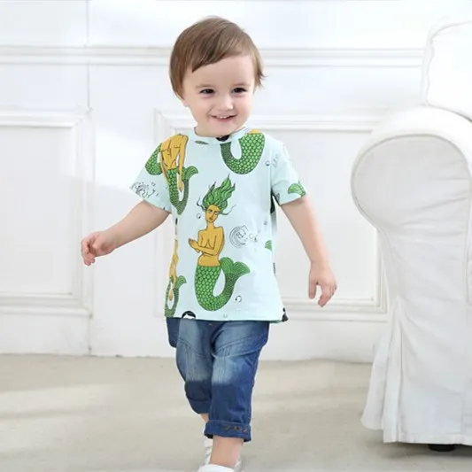

boys girls mermaid patter cotton summer t-shirts kids clothing children's tops tees
