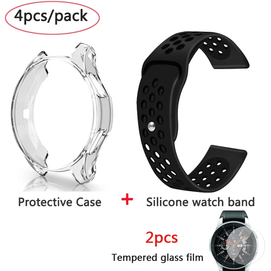 black -Transparent 4в1 силиконовый ремешок для часов+ защитный чехол+ Закаленное стекло пленка для samsung galaxy Watch 42 46 мм ремешок для часов защитный чехол стеклянная пленка - Цвет: black -Transparent