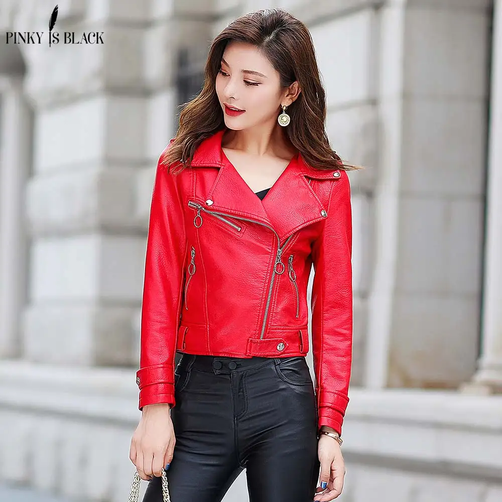 

PinkyIsBlack 2019 New Fashion Women Casual Motorcycle Faux Leather Jackets Female Winter Autumn Turn Down Collar Leather Coat