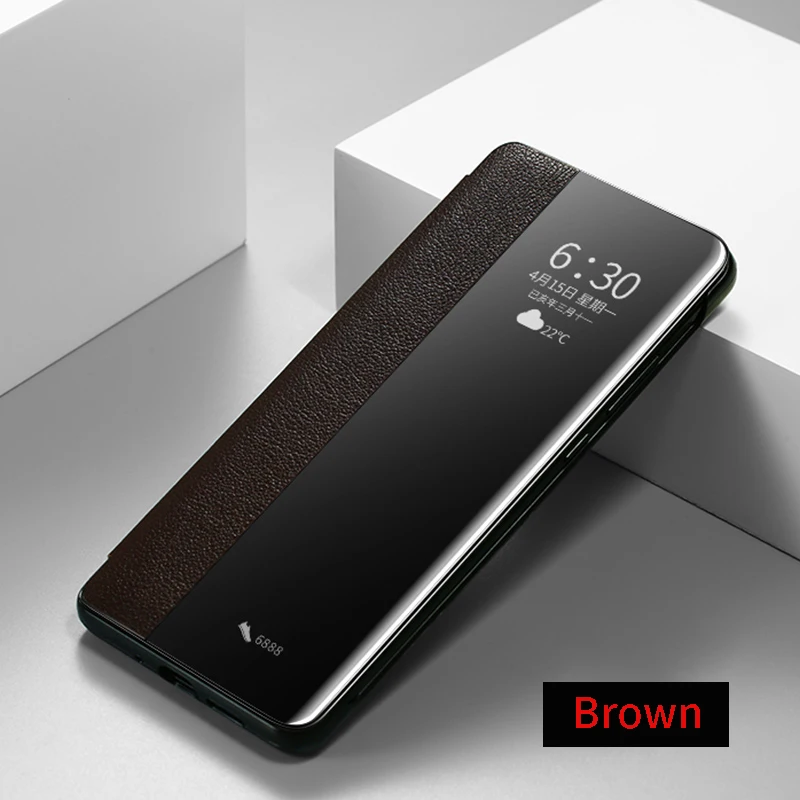 Для HUAWEI P30 Pro чехол из натуральной кожи с умным окошком для просмотра Пробуждение ударопрочный флип-чехол для HUAWEI P30 P20 Pro Чехол Fundas - Цвет: Коричневый