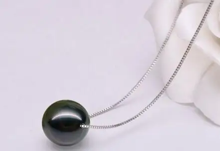 

free shipping jewelry 18"10-11mm Tahitian genuine perfect round black pearl necklace pendant silver chain