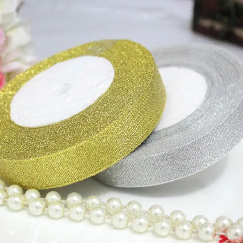 Лента золотистая/Серебристая для упаковки подарков 22 м 40 мм 1 шт.|silver ribbon|wrapping