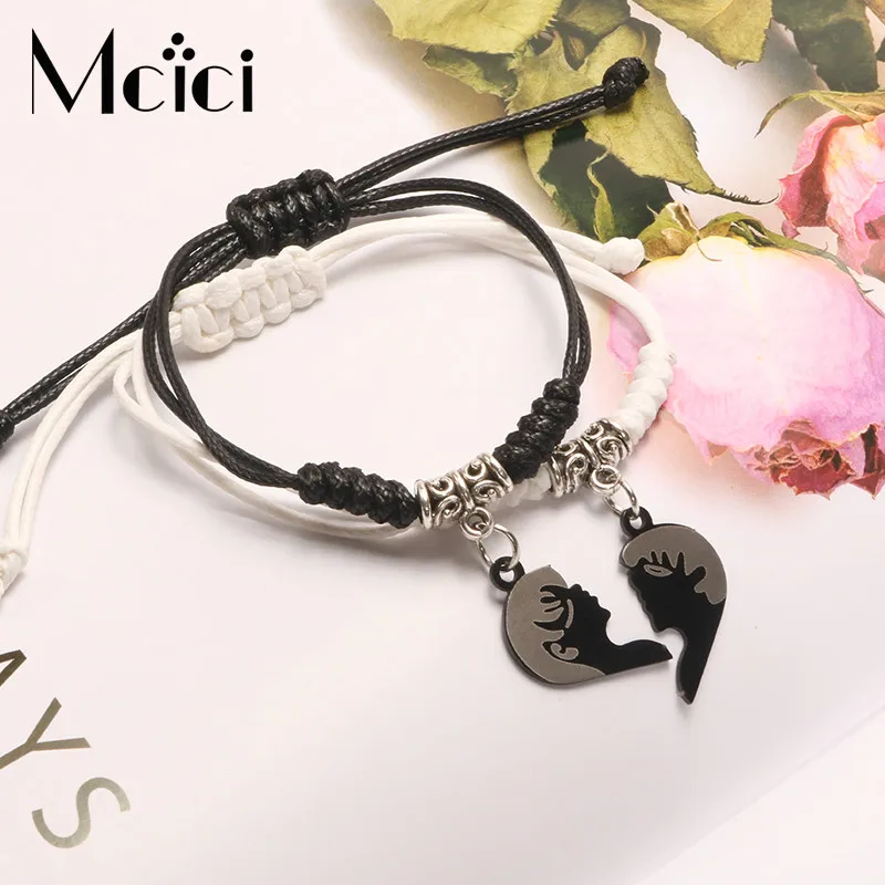 Boy Girl Couple Charms Pendant Bracelet Adjustable Hearts Black White Handmade Stainless Steel for Women Jewelry Gift | Украшения и