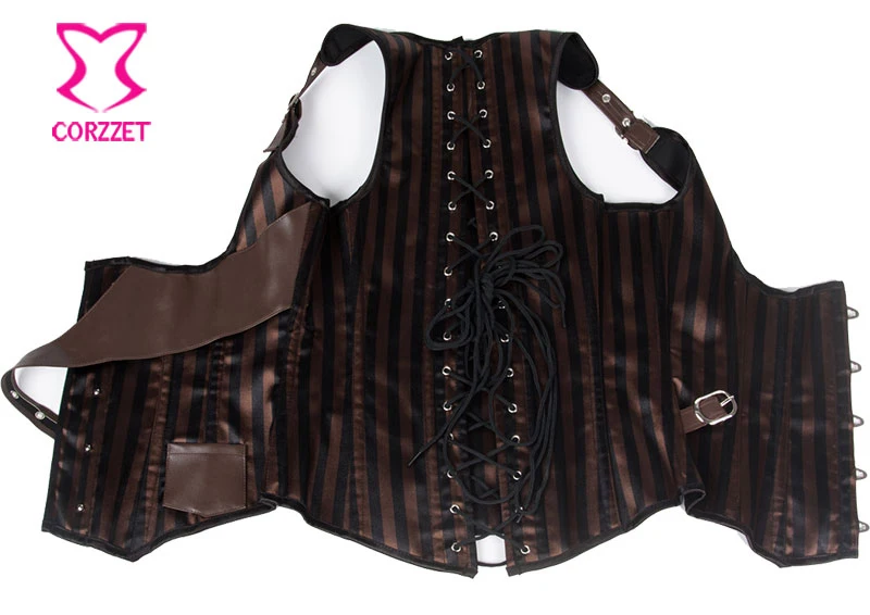 Корсетный корсет под грудью винтажный Коричневый из парчи в полоску со стальными
