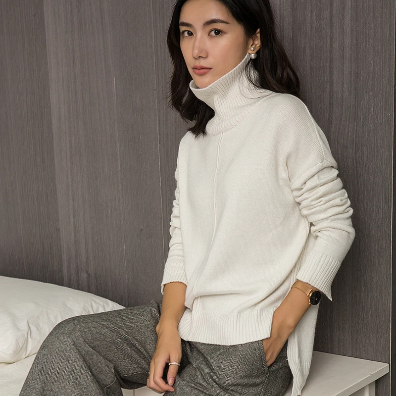 Women Sweaters 100% Cashmere and Wool Knitwear Hot Sale Turtleneck 5Colors Loose style Pullovers Female Sweater Ladies Clothes | Женская