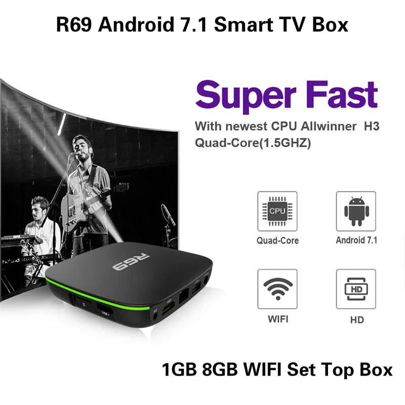 R69 Android 7,1 Смарт ТВ приставка Allwinner H3 четырехъядерный 1 ГБ 8 ГБ wifi телеприставка H.265 4K 3D 1080P HD фильмы медиаплеер