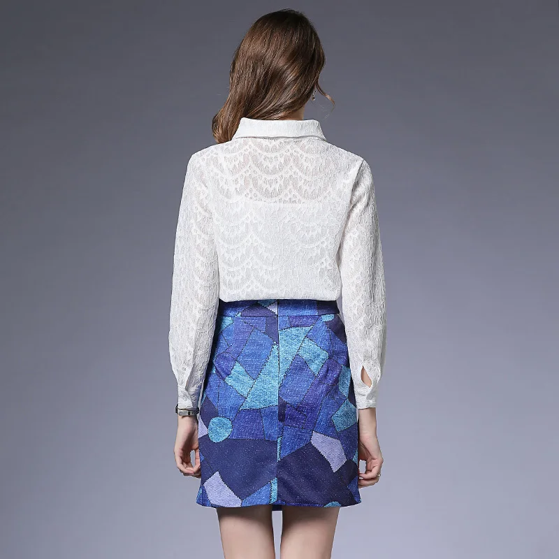 

JSXDHK Spring White Lace Long Sleeve Shirt Blouse Suits 2019 Women 2 Piece Set Vintage Print Geometric Pencil Short Skirt Sets