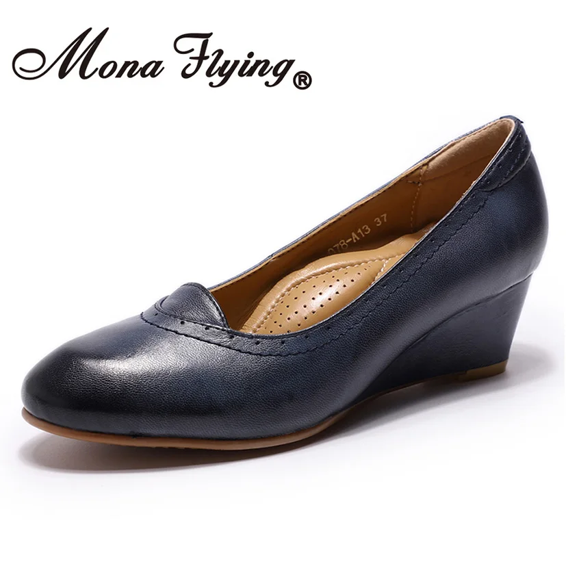 Mona Flying/женские туфли-лодочки на танкетке из натуральной кожи модельные женские туфли на высоком каблуке с круглым носком без застежки ручной работы, 078-A13 - Цвет: Blue