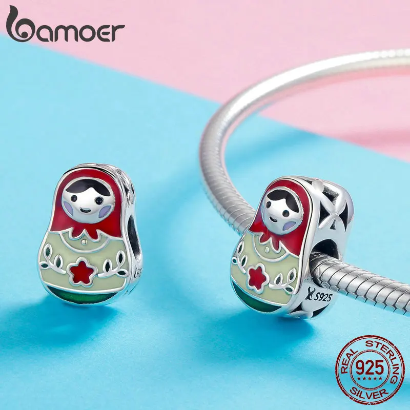 BAMOER 925 пробы серебряные разноцветные эмалированные бусины-матрешки Подвески подходят для женских браслетов и браслетов Изготовление ювелирных изделий SCC1086