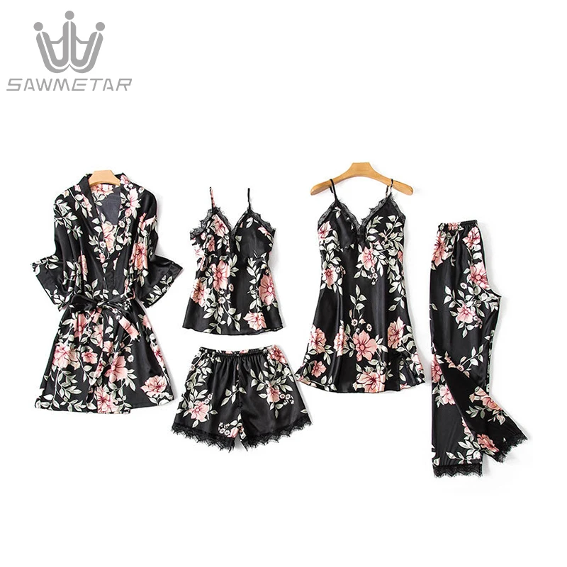 Women 5 Pieces Sexy Satin Sleepwear Silk Pajamas Sets Lace Woman Robe Floral Sleeveless Spaghetti Strap Pyjama With Chest Pads
