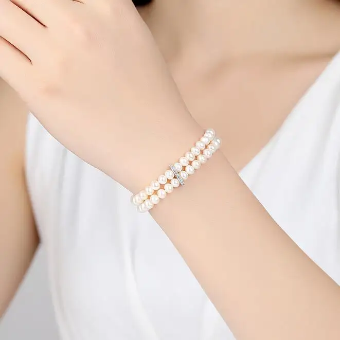 MeiBaPJ S925 Pure Silver Bracelet Luxurious Real Freshwater Pearl Double Chains Bangle for Women Fine Jewelry | Украшения и