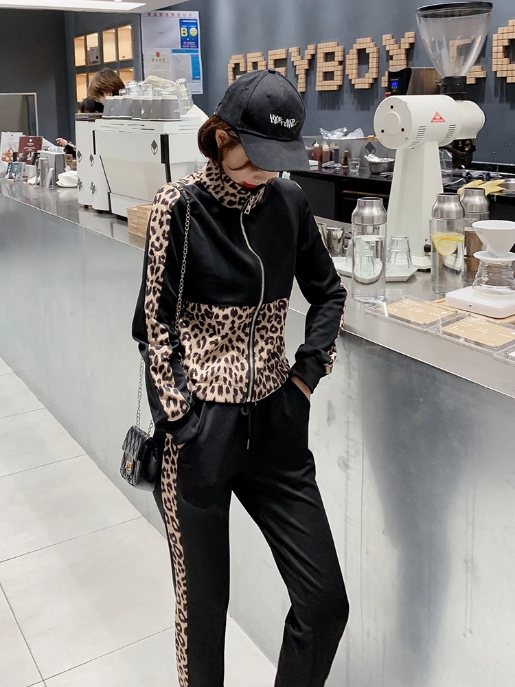 Leopard Patchwork Knitting 2 Piece Set Women's Long Sleeve Zipper Jacket Coat+Pocket Pencil Pant Sweater Tracksuit Trousers | Женская